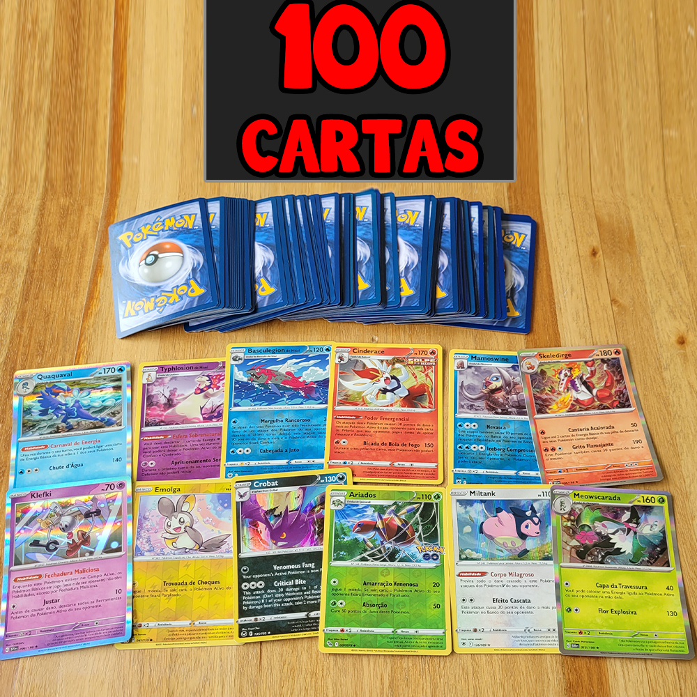 100 Cartas Pokémon ORIGINAIS + 5 BRILHANTES - CARTAS COPAG Foil, Reverse Foil, Holo, Holografica, Brilhante, Rara