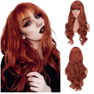 Peruca Ruiva Com Franja Ondulada Fibra Orgânica Premium + Wig Cap
