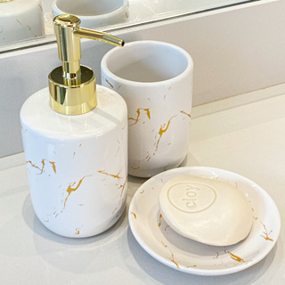 Kit Banheiro Lavabo, Dispenser Porta Sabonete Liquido, Porta escova de Dente com bandeja 3 Peças