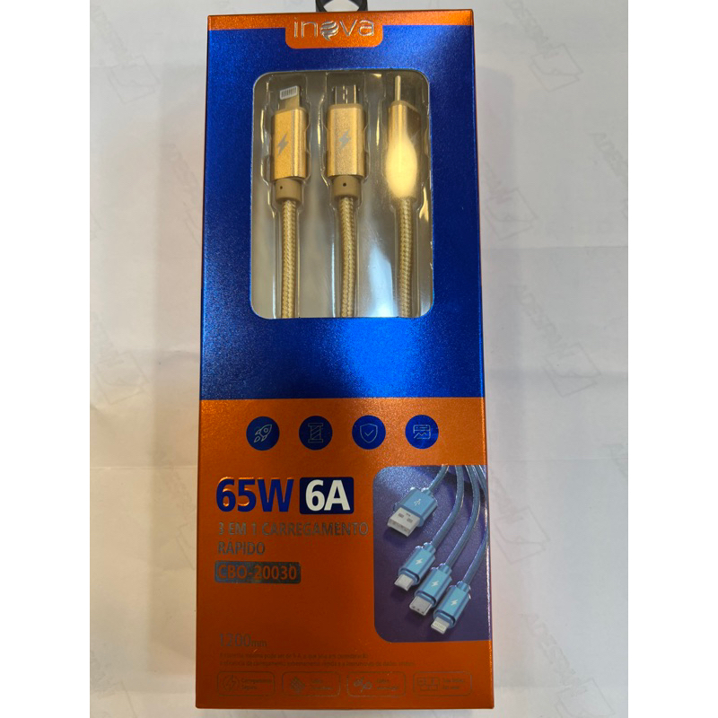cabo de inova 65w 6a 3 em 1 carregamento rápido cbo-20030