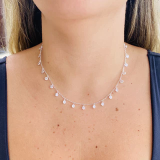 Corrente de Prata 925 Legítima Chocker de Pedras Zirconia 40cm com Extensor