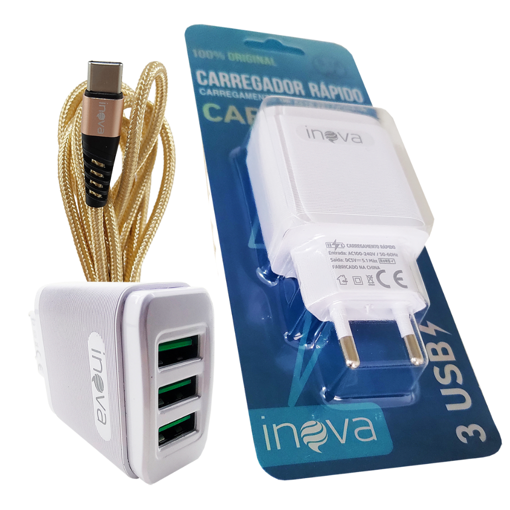 Kit Carregador 3 Entradas Celular Fonte Usb Cabo Carregador 2 Metros Iphone Android V8 Tipo C 4487