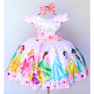 Vestido Festa Infantil Temático Princesas Rosa Com Tiara