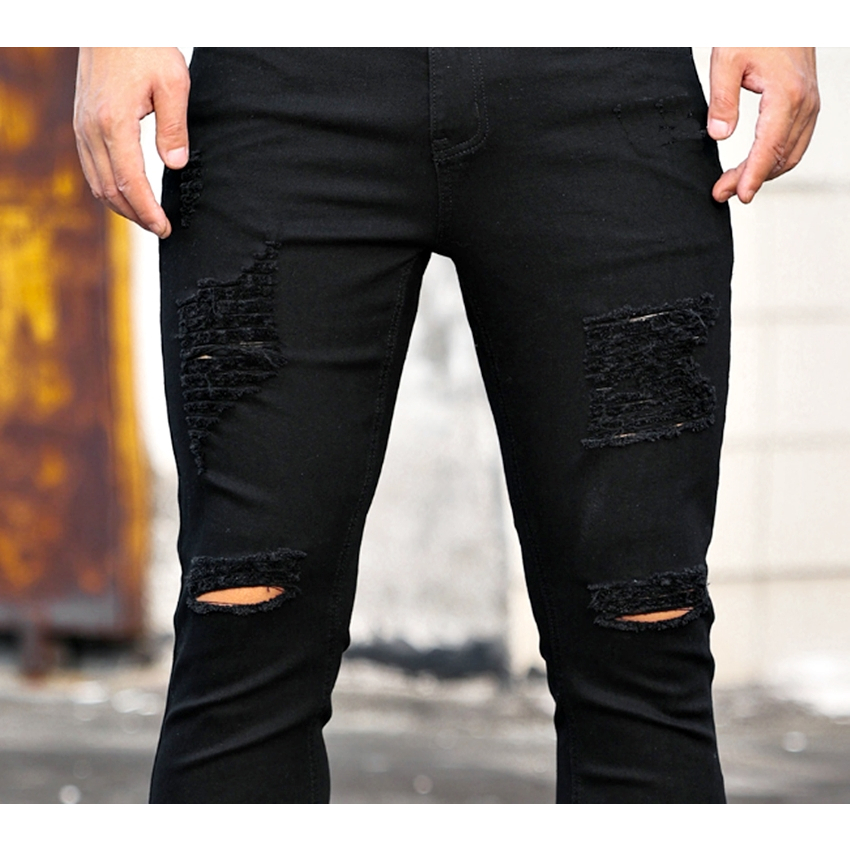 Calca Jeans Masculina Destroyed Preta Rasgada Slim Com Elastano Laycra.