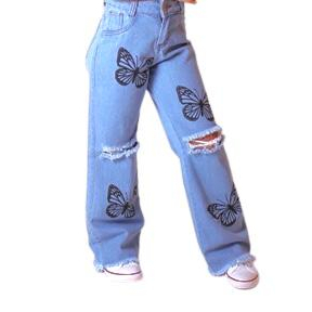 Calça Jeans Wide Leg Pantalona Destroyed Desenho Borboleta