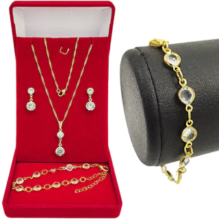 Colar Feminino Semijoia Corrente Veneziana Fina Com Pingente + Pulseira + Conjunto De Brincos