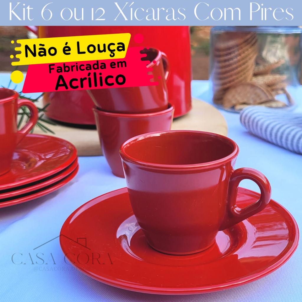 Kit de Xícaras Com Pires 6un ou 12un Vermelha Acrilica 50ml Jogo de Xicaras Para o Cantinho do Café.