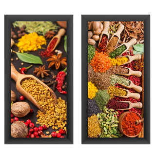 Kit Quadros Decorativos Cozinha Temperos Gourmet Moldura 43x23 Decoração 2 Peças