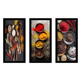 Kit Quadros Decorativos Cozinha Temperos Gourmet Moldura 43x23 Decoração 3 Peças
