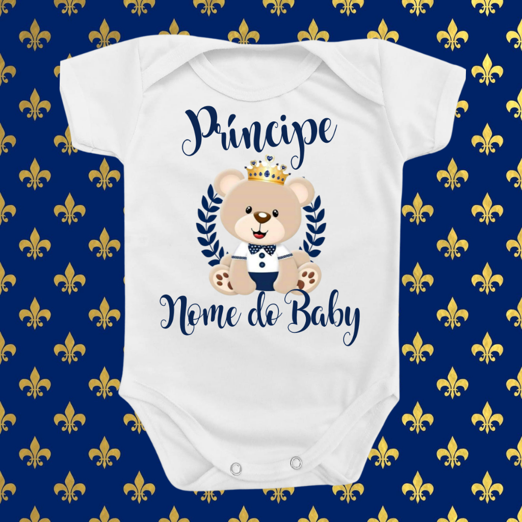 Body Roupa Bebê Príncipe Ursinho Urso Com Nome Personalizado Menino