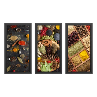 Kit Quadros Decorativos Cozinha Gourmet Temperos Moldura 43x23cm 3 Peças