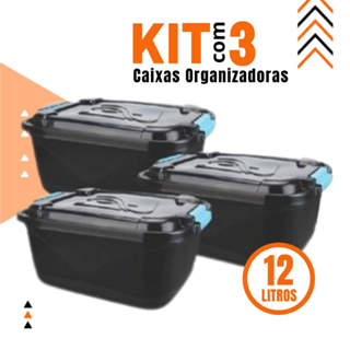 Kit 3 Caixa Organizadora12l Preto C/ Tampa e Trava Cesto P/ Brinquedos e Multiuso