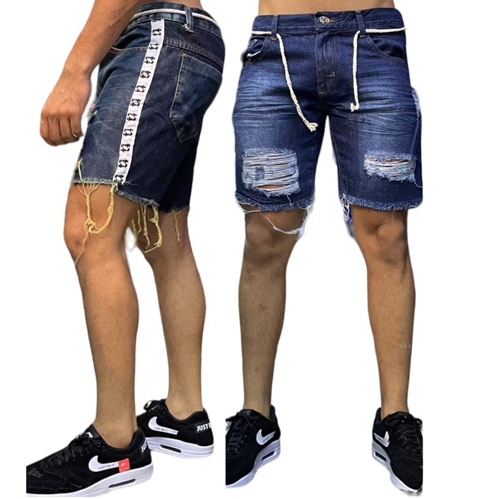 Bermuda Masculina Jeans Colorida Destroyed Rasgada Desfiada Presente Bonito  Para Homem Natal Ano Novo