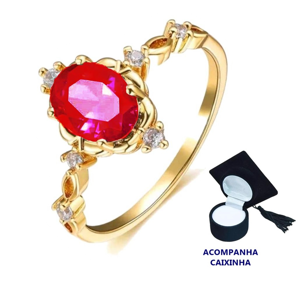 Anel Formatura Direito Banhado Ouro Pedra Rubi Vermelha | Shopee Brasil