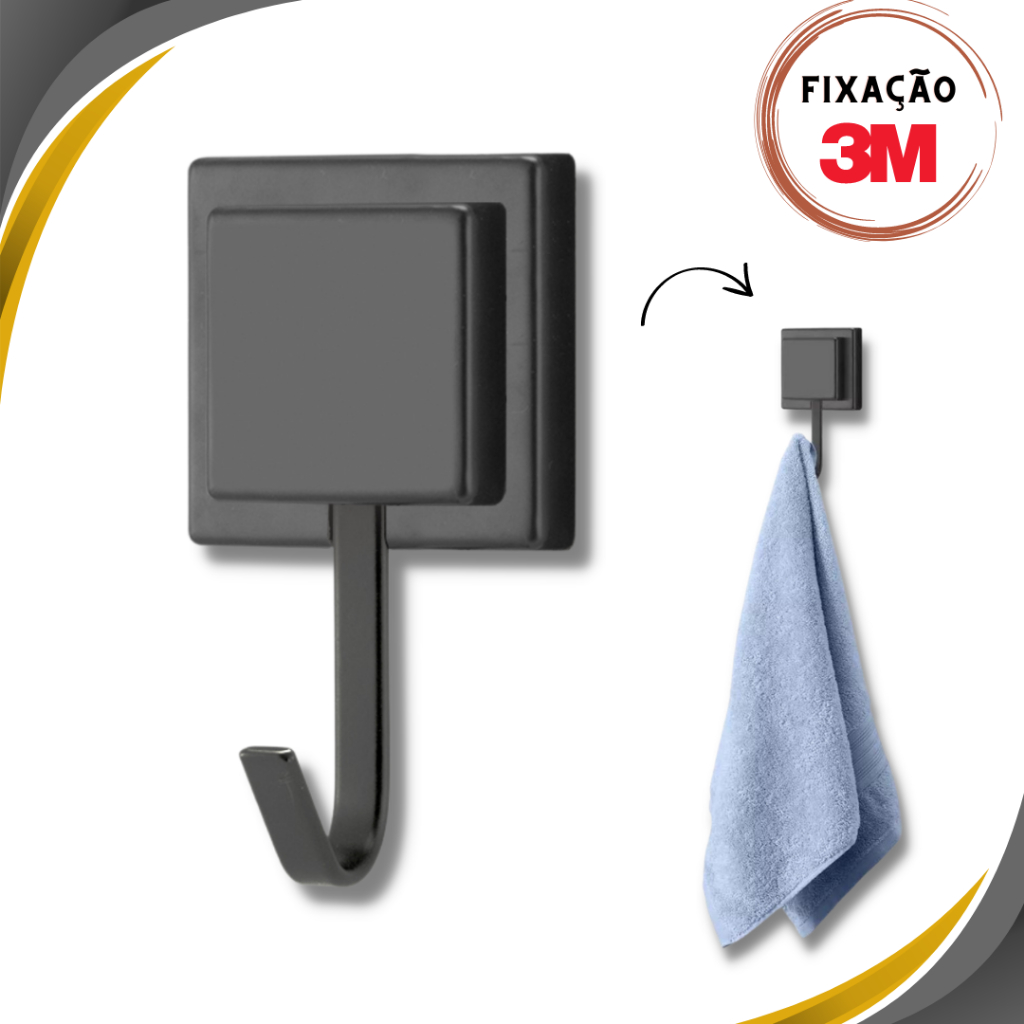 Gancho de Toalha - Porta toalhas - Suporte - Fixação 3M - Preto