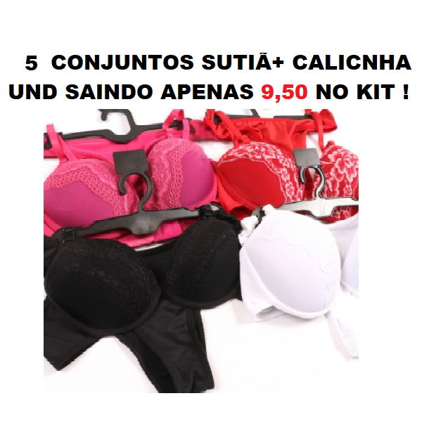 5 Conjuntos Lingerie Calcinha e Sutiã Com Renda Bojo P M G GG