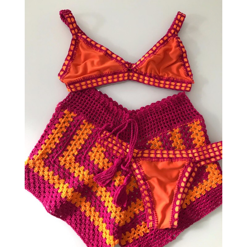 Conjunto de Short em crochê com Kiini dupla face | Shopee Brasil