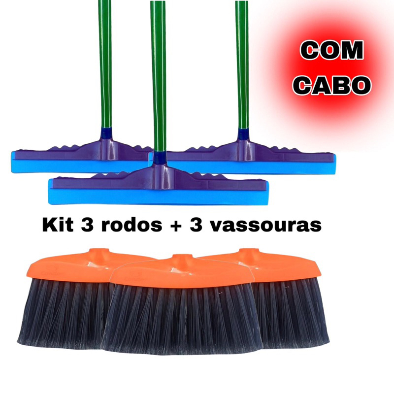 kit 3 vassouras 3 rodos puxa e seca