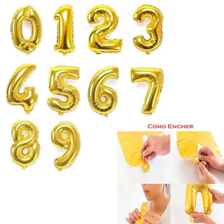 Balão de Número Metalizado 80cm Aniversário Festa Decoração Ouro Dourado