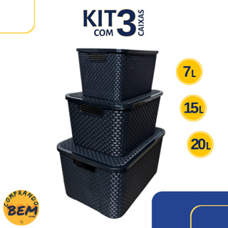 Kit 3 Caixas Organizadoras 7/15/20 Litros Rattan Preta Arqplast