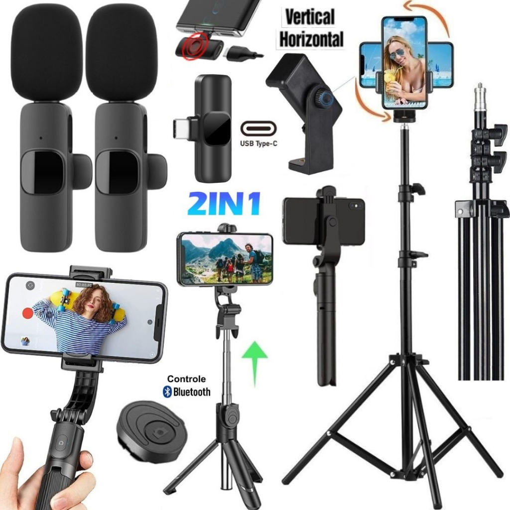 Kit Tripé Pedestal 2m Vertical Bastão Controle Microfone Sem Fio TipoC Filmagem no Celular