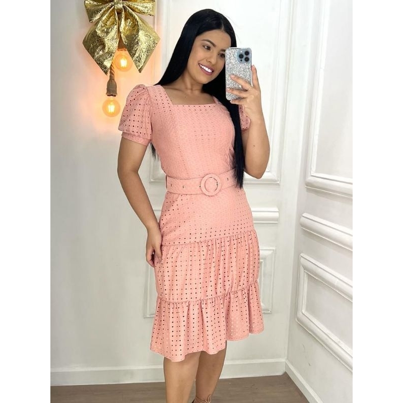 Vestido Lese Forrado Manga Princesa Moda Evangélica com Cinto