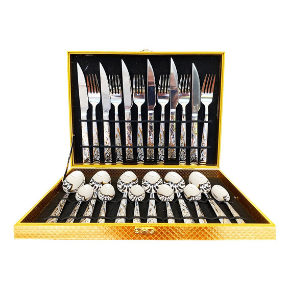 Kit Faqueiro Maleta De Talheres Inox 24 Peças Com Dourado
