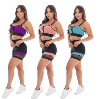 KIT 3 Conjunto Top e Short Feminino Academia LeggingTops Bermuda Fitness