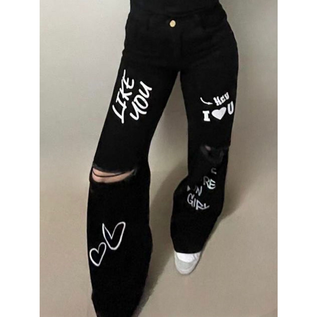 Calça Wide Leg Jeans Preta Feminina Com Rasgos e letras | Shopee Brasil