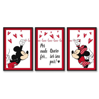 Quadro Decorativo 3 Peças Mickey e Minnie Frases Casal Decoração de Parede De Casa Quarto
