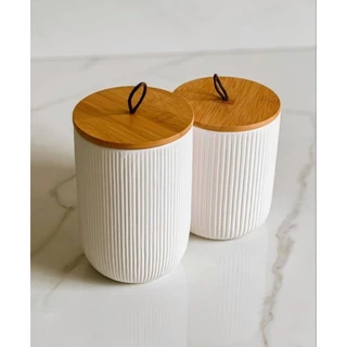 Kit Potiche Decorativo De Cerâmica Com Tampa De Bambu 10x15 e 10x12cm