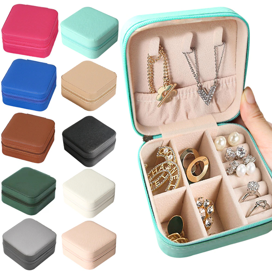Porta Jóias Portátil Viagem Estojo Maleta Caixa Couro Zíper