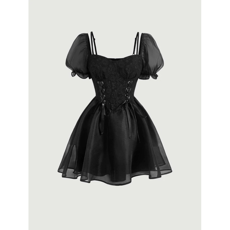 Vestido Curto Gótico Festa Rodado Tule Manga Bufante Amarração Sensual Preto REF4013
