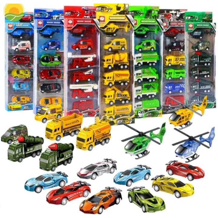 Conjunto Carrinho de Brinquedo Fricção Bombeiro Obra Militar 6 Peças