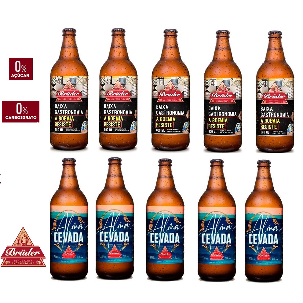 Kit Cerveja Bruder Baixa Gastronomia & Alma Cevada (10 un) Artezanal Zero Açucar