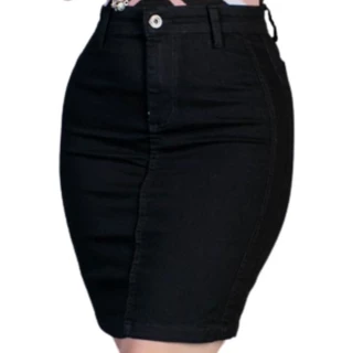 Saia Jeans Preta Secretária Moda evangélica Com Lycra