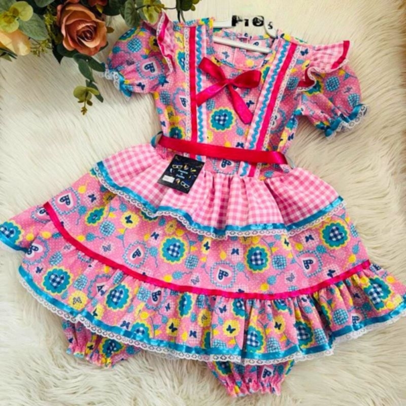 Vestido Junino Fantasia Quadrilha São João Fantasia Caipira Rosa Menina Festa Quermesse com Short
