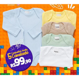 Kit 5 Conj Body e Calça Bebê Pagão canelado Longo 100% Algodão