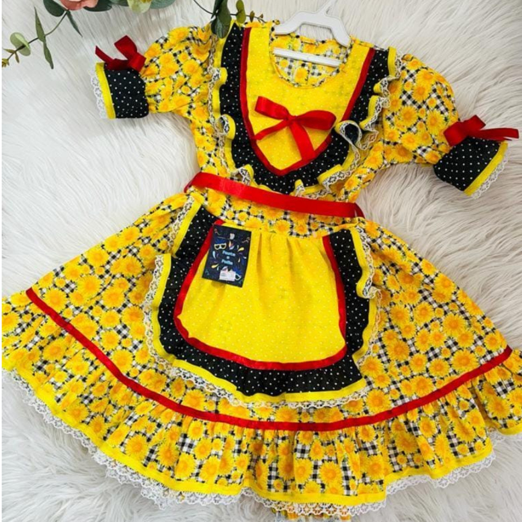 Vestido Caipira Junino Amarelo Girassol Xadrez Infantil - SACOLA DO BEBÊ