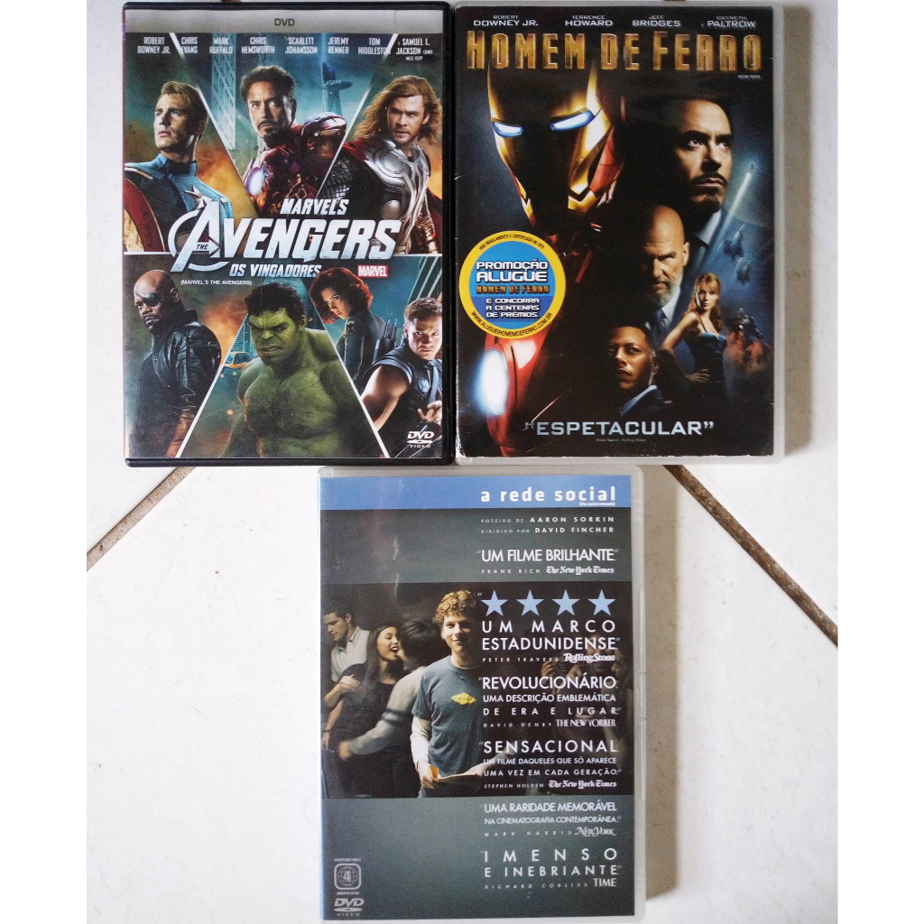 Kit 3 Filmes DVDs Os Vingadores, Homem de Ferro e A Rede Social