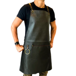 Avental Couro Courino Impermeável Preto Churrasqueiro Bartender Cozinha