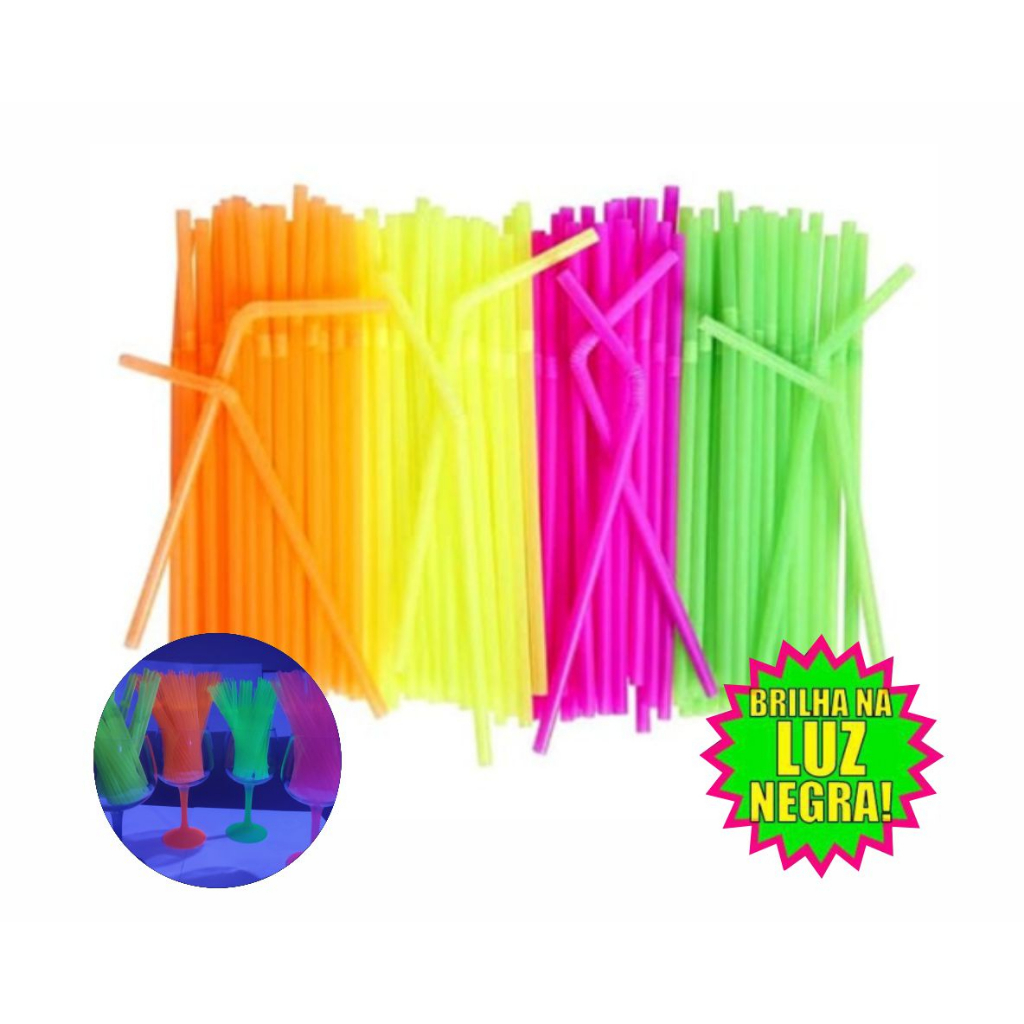 200 Canudo Neon Brilha na Luz Negra Biodegradável Flexível 5 cores