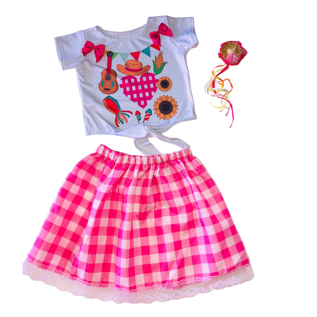 Roupa Festa Junina infantil Feminina Linda Camiseta e Saia Xadrez