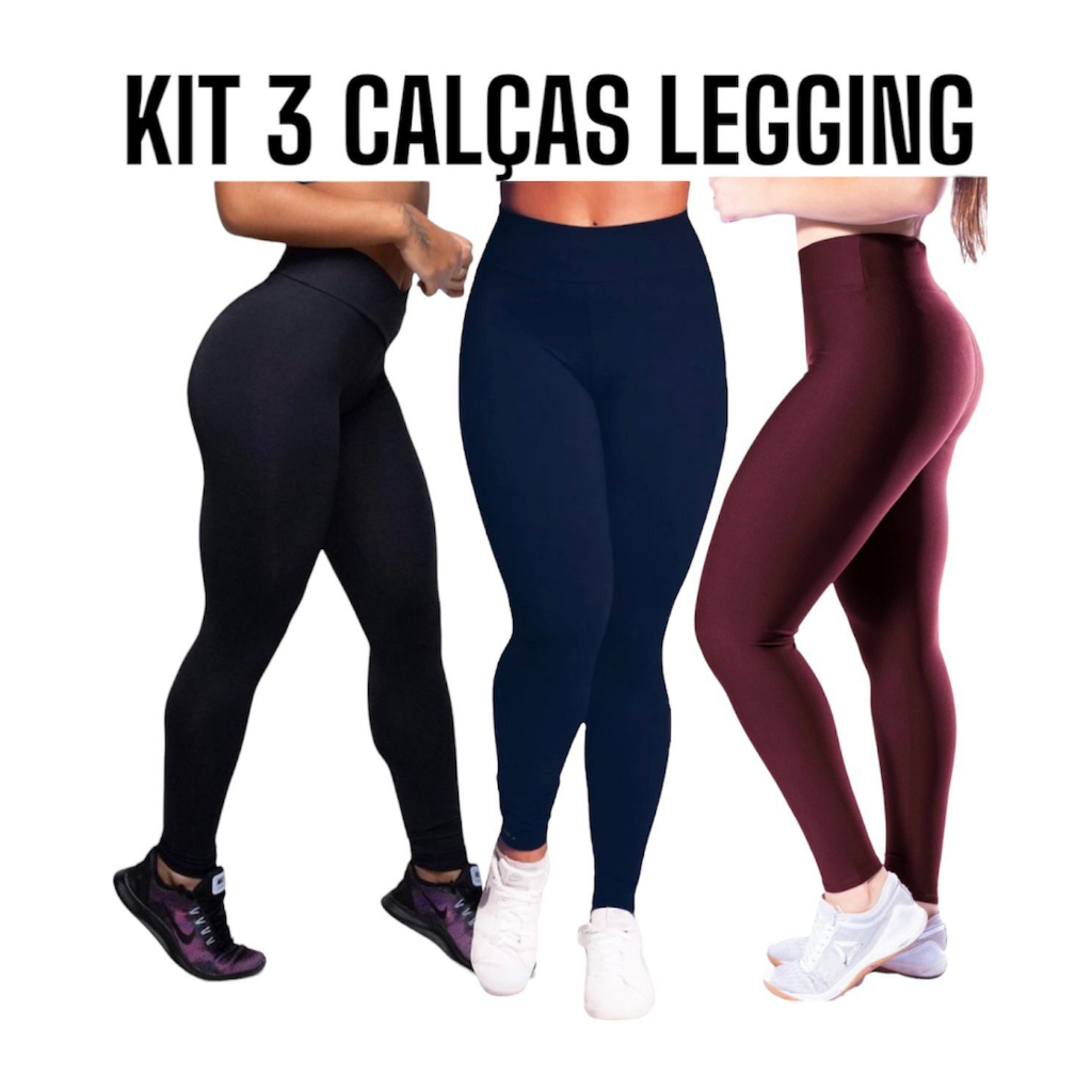 Kit 3 Conjuntos Fitness Feminino Calça Legging e Top Nadador