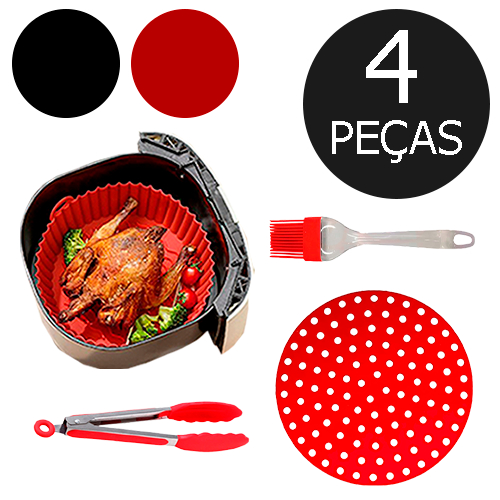 Kit 4 Itens Air Fryer Tapete e Cesto Forma Redonda Pinça e Pincel Silicone