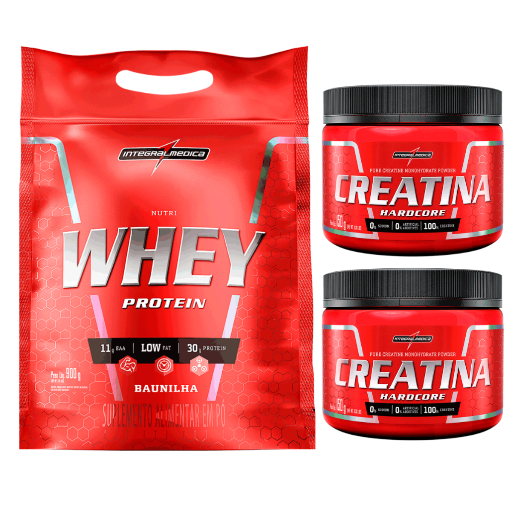 Kit Whey Protein Nutri Integralmedica Hipercalórico Refil 900g + 2x Creatina Monohidratada 150g Original