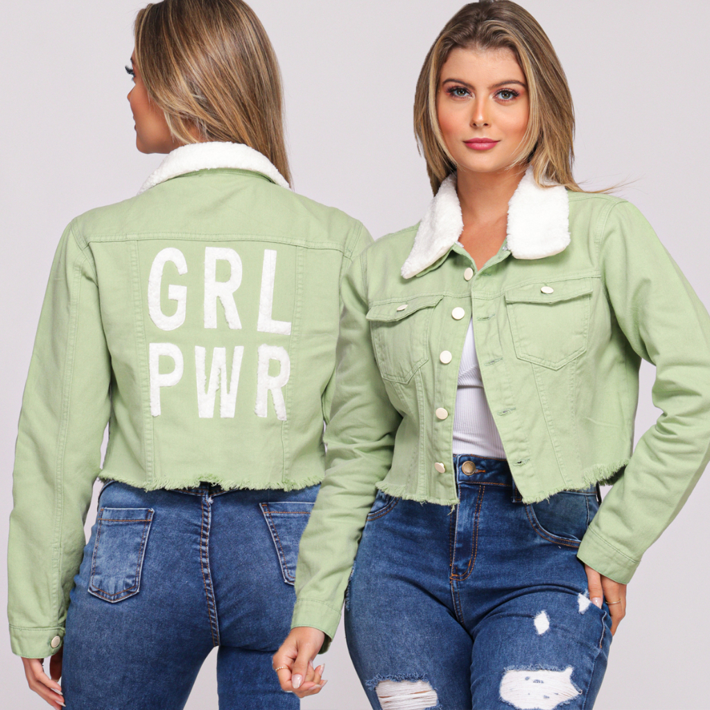 Jaqueta Jeans Verde Com Pelinhos Pel cia Escrita Atr s Moda