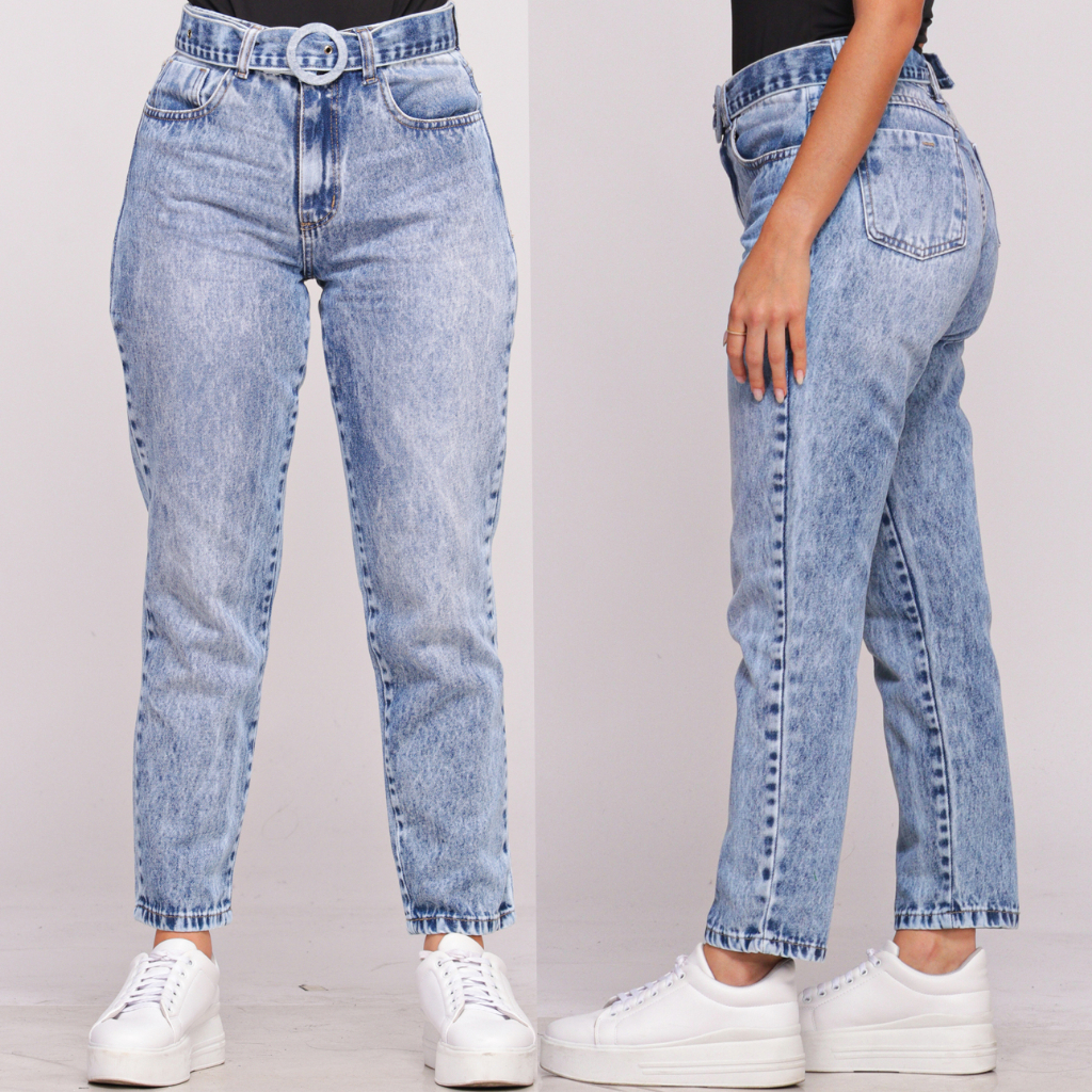 Calça Mom Jeans Feminina Com Cinto E Fivela Encapada Levanta Bumbum Cintura Alta Sem Lycra Marmorizada