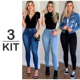 Kit 3 Calça Jeans Feminina Com Elastano Skinny Levanta Bumbum Cintura Alta