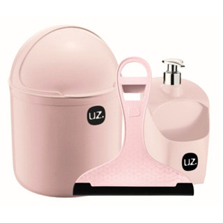 Kit Cozinha 3 Peças Rodinho de Pia Dispenser e Lixeira 4 Litros Rosa